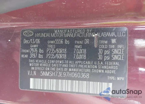 2007 Hyundai Santa Fe Limited/Se from USA, damaged, VIN 5NMSH73E97H060368